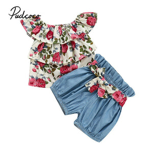 Rose Flower Baby Girl Clothes 2019 Hot Summer New Girls' Clothing Sets Kids Baby clothes Toddler Chiffon Tops+Denim Shorts 0-2Y